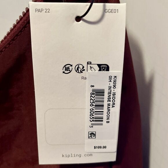 Kipling Isidora Shoulder Bag KI9290 Intense Maroon Monkey Keychain Cognac $109 - Picture 9 of 12